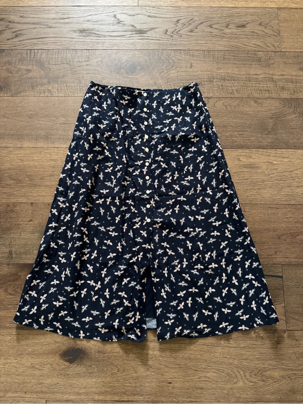 LOFT Navy A-Line Midi Skirt with Cream Floral Print
